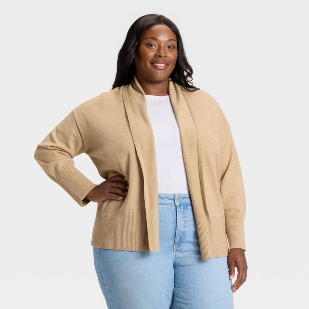 Women's Essential Open Cardigan Sweater - Ava & Viv Camel 2X